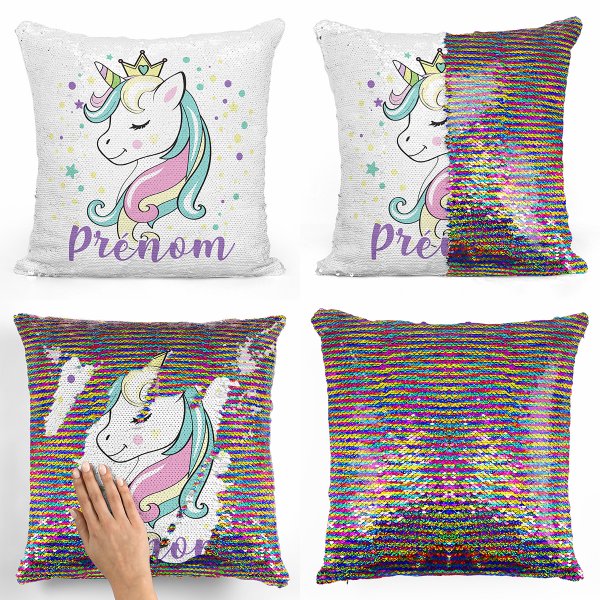 coussin pillow mermaid à sequin magique enfant reversible et personnalisable avec motif princesse licorne de couleur multicolore
