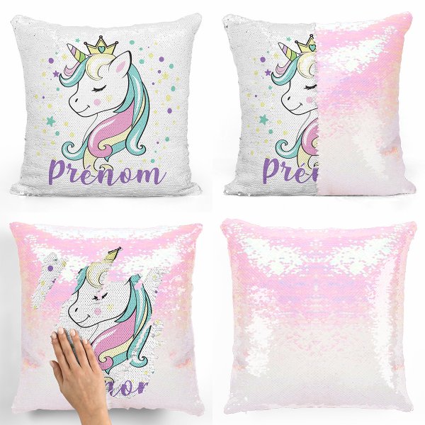 coussin pillow mermaid à sequin magique enfant reversible et personnalisable avec motif princesse licorne de couleur blanc nacré