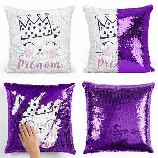 coussin pillow mermaid à sequin magique enfant reversible et personnalisable avec motif reine des chats de couleur violet