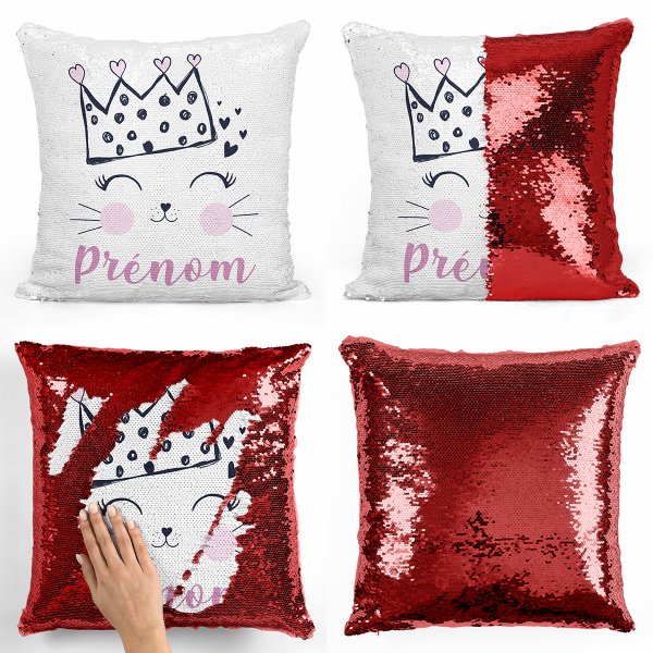 coussin pillow mermaid à sequin magique enfant reversible et personnalisable avec motif reine des chats de couleur rouge