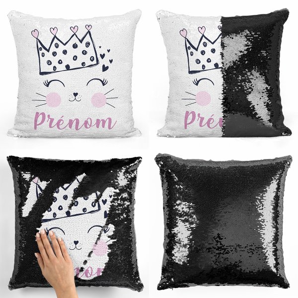 coussin pillow mermaid à sequin magique enfant reversible et personnalisable avec motif reine des chats de couleur noir