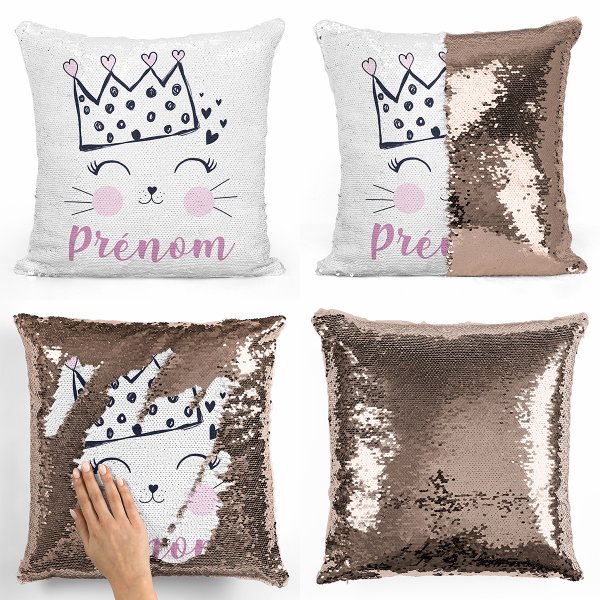 coussin pillow mermaid à sequin magique enfant reversible et personnalisable avec motif reine des chats de couleur champagne