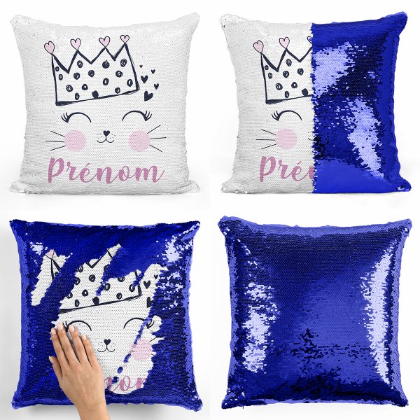 coussin pillow mermaid à sequin magique enfant reversible et personnalisable avec motif reine des chats de couleur bleu foncé