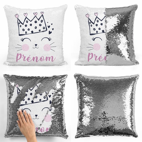 coussin pillow mermaid à sequin magique enfant reversible et personnalisable avec motif reine des chats de couleur argent