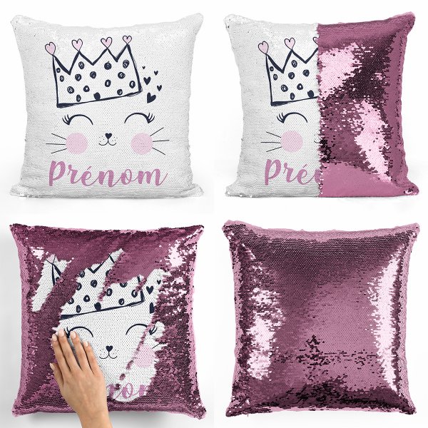 coussin pillow mermaid à sequin magique enfant reversible et personnalisable avec motif reine des chats de couleur rose clair