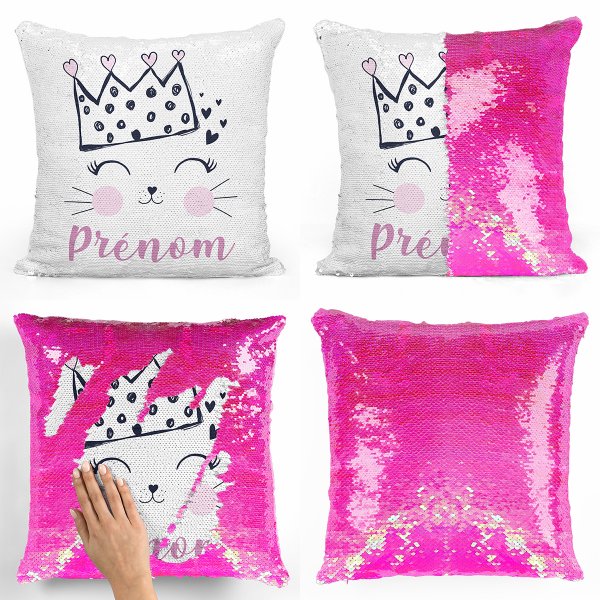 coussin pillow mermaid à sequin magique enfant reversible et personnalisable avec motif reine des chats de couleur rose nacré