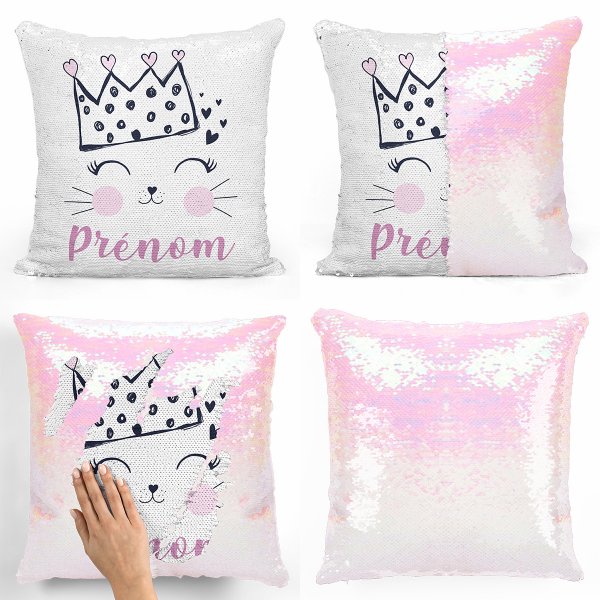 coussin pillow mermaid à sequin magique enfant reversible et personnalisable avec motif reine des chats de couleur blanc nacré