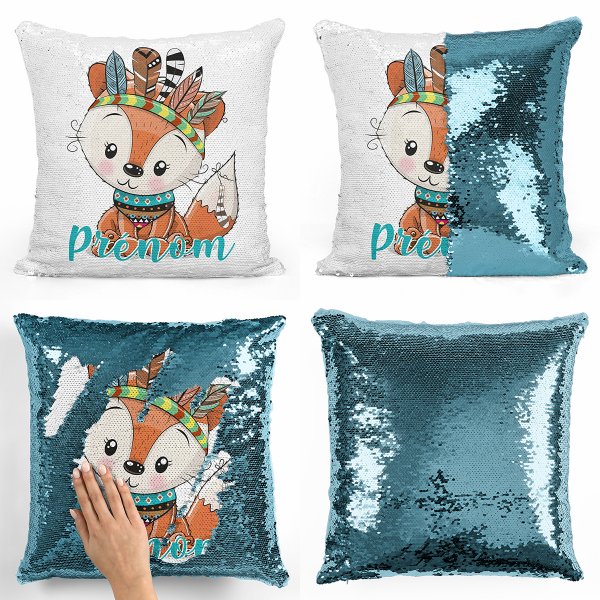 coussin pillow mermaid à sequin magique enfant reversible et personnalisable avec motif renard indien de couleur bleu clair