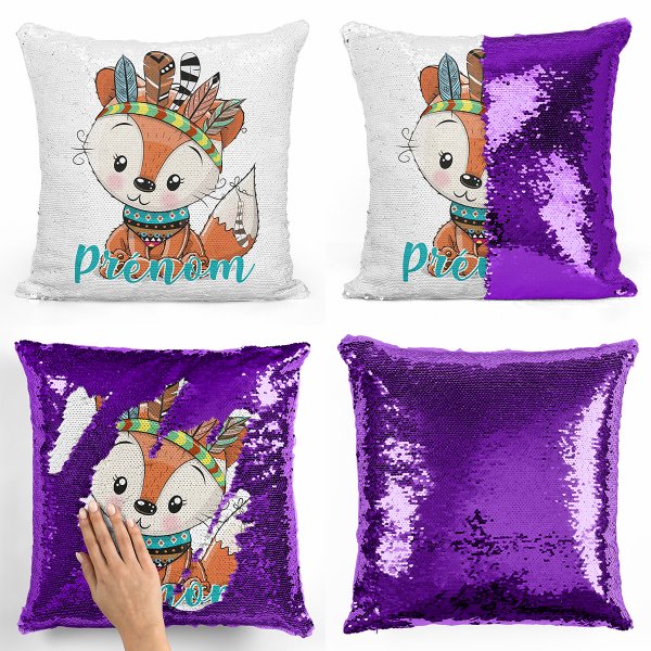 coussin pillow mermaid à sequin magique enfant reversible et personnalisable avec motif renard indien de couleur violet