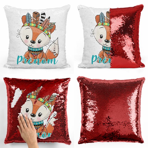 coussin pillow mermaid à sequin magique enfant reversible et personnalisable avec motif renard indien de couleur rouge