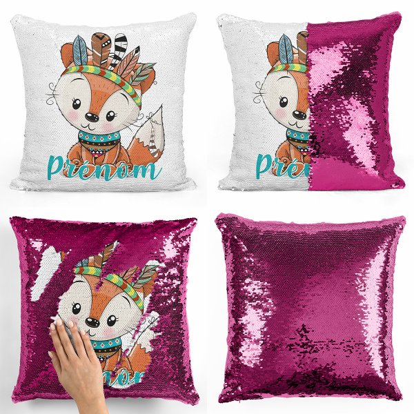 coussin pillow mermaid à sequin magique enfant reversible et personnalisable avec motif renard indien de couleur fushia