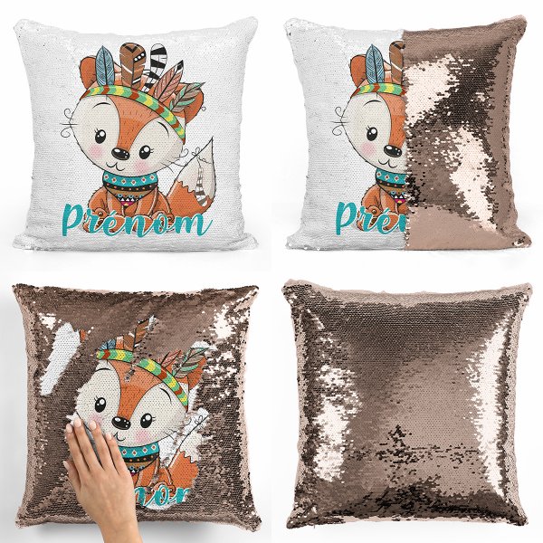 coussin pillow mermaid à sequin magique enfant reversible et personnalisable avec motif renard indien de couleur champagne