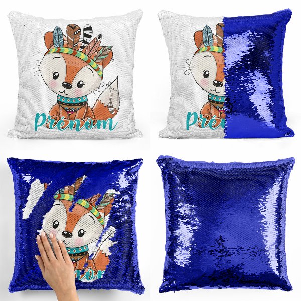 coussin pillow mermaid à sequin magique enfant reversible et personnalisable avec motif renard indien de couleur bleu foncé