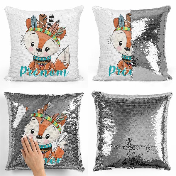 coussin pillow mermaid à sequin magique enfant reversible et personnalisable avec motif renard indien de couleur argent