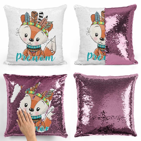 coussin pillow mermaid à sequin magique enfant reversible et personnalisable avec motif renard indien de couleur rose clair