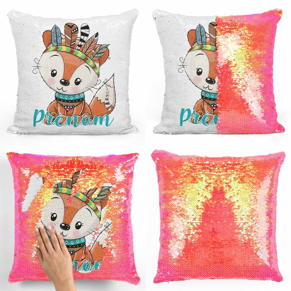 coussin pillow mermaid à sequin magique enfant reversible et personnalisable avec motif renard indien de couleur orange nacré