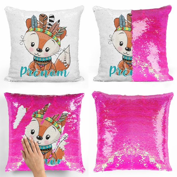 coussin pillow mermaid à sequin magique enfant reversible et personnalisable avec motif renard indien de couleur rose nacré