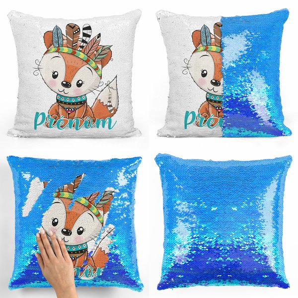 coussin pillow mermaid à sequin magique enfant reversible et personnalisable avec motif renard indien de couleur bleu nacré