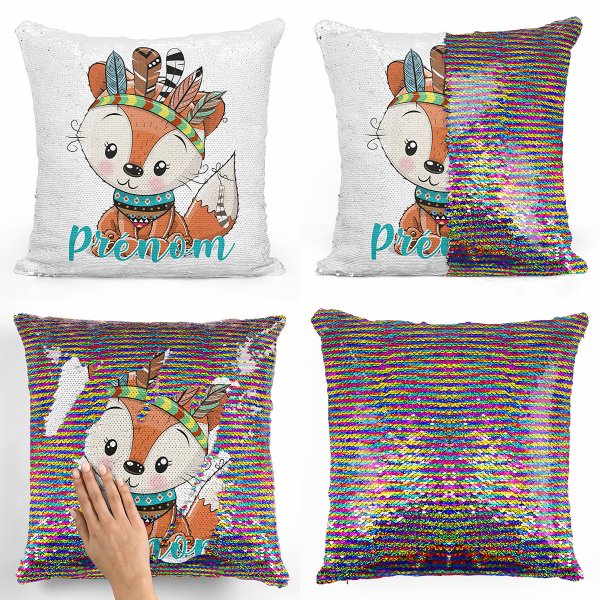 coussin pillow mermaid à sequin magique enfant reversible et personnalisable avec motif renard indien de couleur multicolore