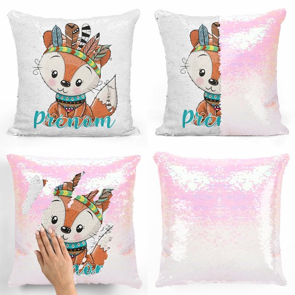 coussin pillow mermaid à sequin magique enfant reversible et personnalisable avec motif renard indien de couleur blanc nacré