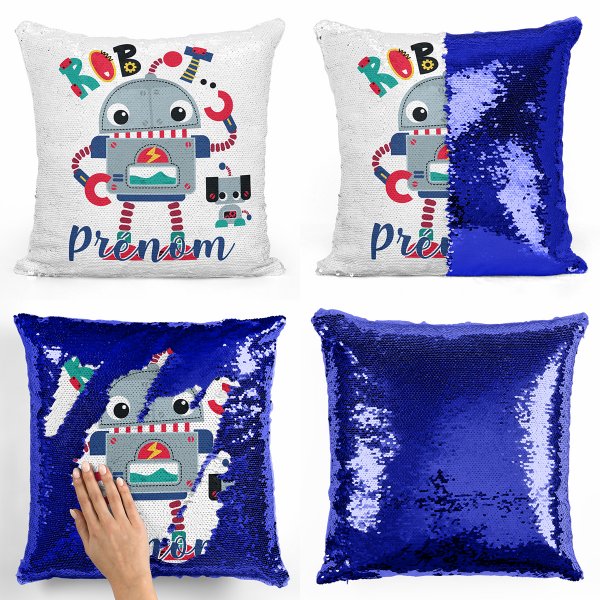coussin pillow mermaid à sequin magique enfant reversible et personnalisable avec motif robot de couleur bleu foncé