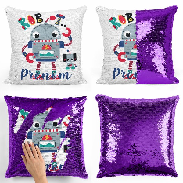 coussin pillow mermaid à sequin magique enfant reversible et personnalisable avec motif robot de couleur violet