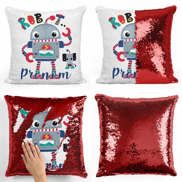 coussin pillow mermaid à sequin magique enfant reversible et personnalisable avec motif robot de couleur rouge