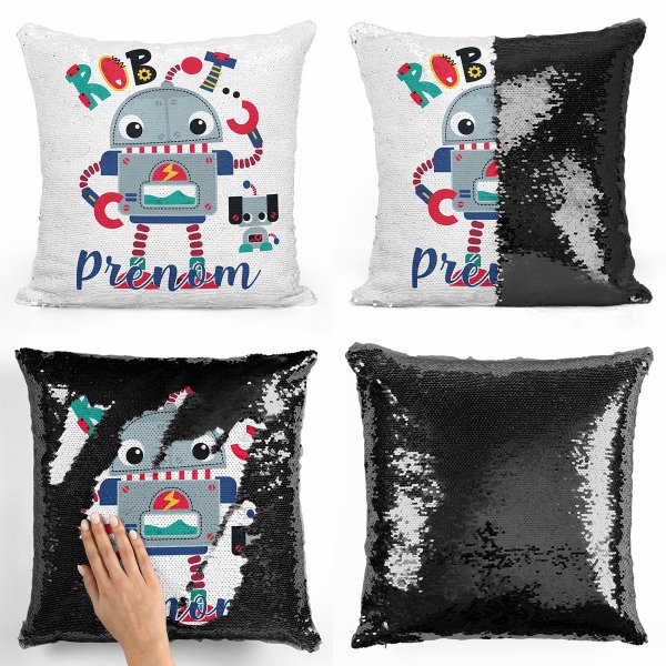 coussin pillow mermaid à sequin magique enfant reversible et personnalisable avec motif robot de couleur noir