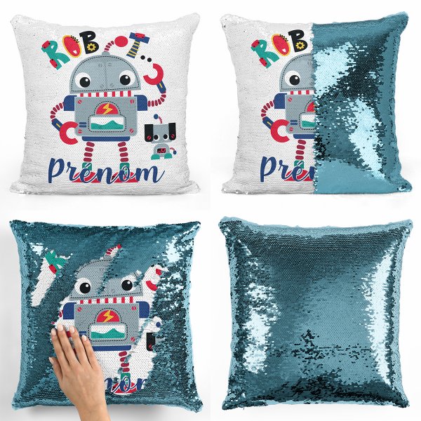 coussin pillow mermaid à sequin magique enfant reversible et personnalisable avec motif robot de couleur bleu clair