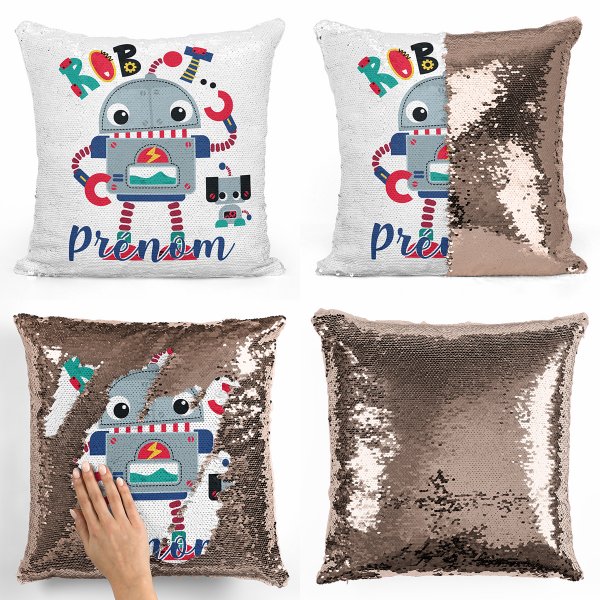 coussin pillow mermaid à sequin magique enfant reversible et personnalisable avec motif robot de couleur champagne