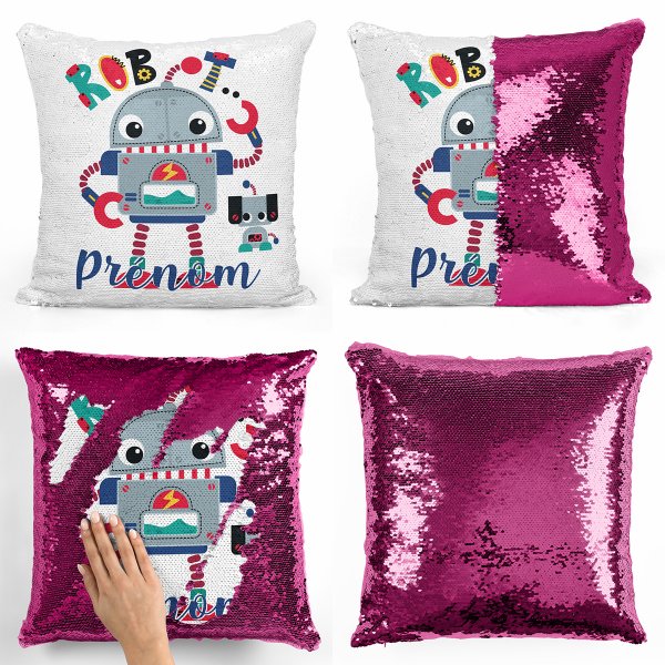 coussin pillow mermaid à sequin magique enfant reversible et personnalisable avec motif robot de couleur fushia