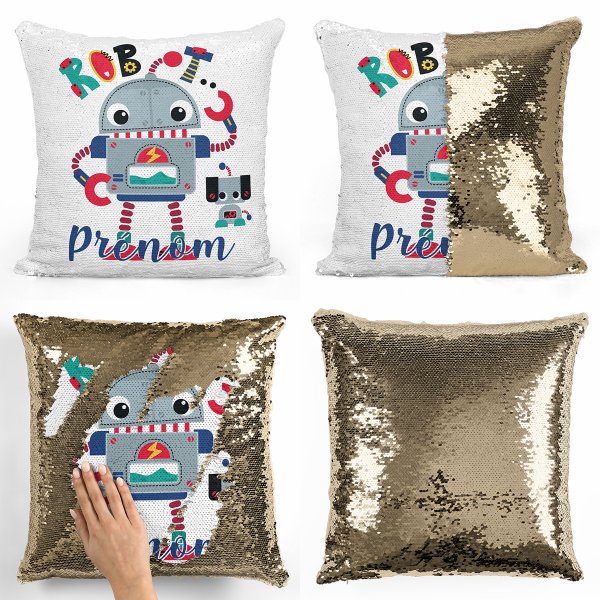 coussin pillow mermaid à sequin magique enfant reversible et personnalisable avec motif robot de couleur or doré