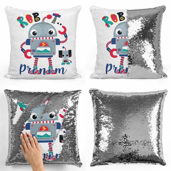 coussin pillow mermaid à sequin magique enfant reversible et personnalisable avec motif robot de couleur argent