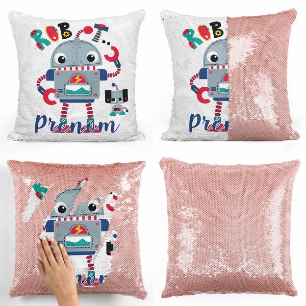 coussin pillow mermaid à sequin magique enfant reversible et personnalisable avec motif robot de couleur saumon