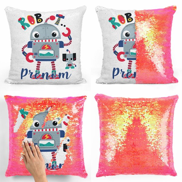 coussin pillow mermaid à sequin magique enfant reversible et personnalisable avec motif robot de couleur orange nacré