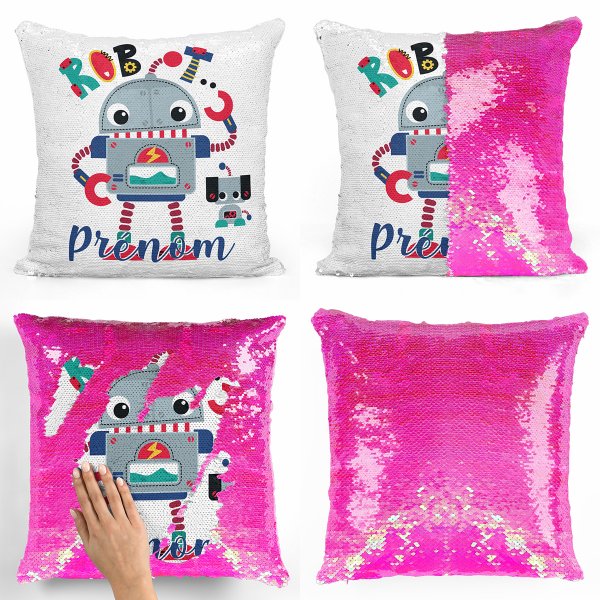 coussin pillow mermaid à sequin magique enfant reversible et personnalisable avec motif robot de couleur rose nacré