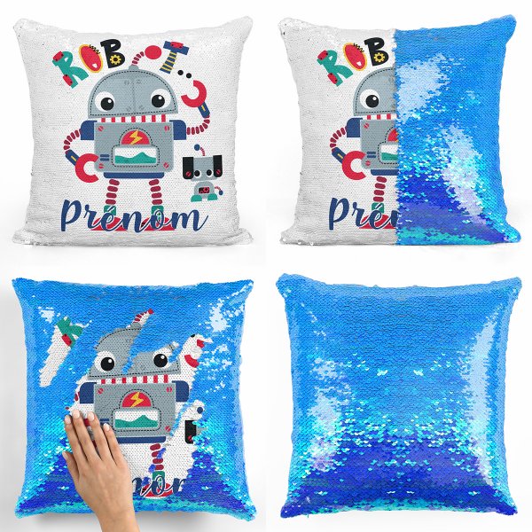 coussin pillow mermaid à sequin magique enfant reversible et personnalisable avec motif robot de couleur bleu nacré