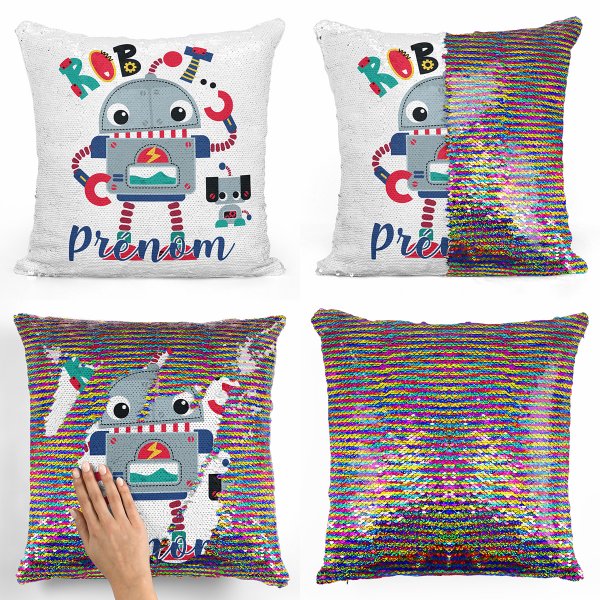 coussin pillow mermaid à sequin magique enfant reversible et personnalisable avec motif robot de couleur multicolore