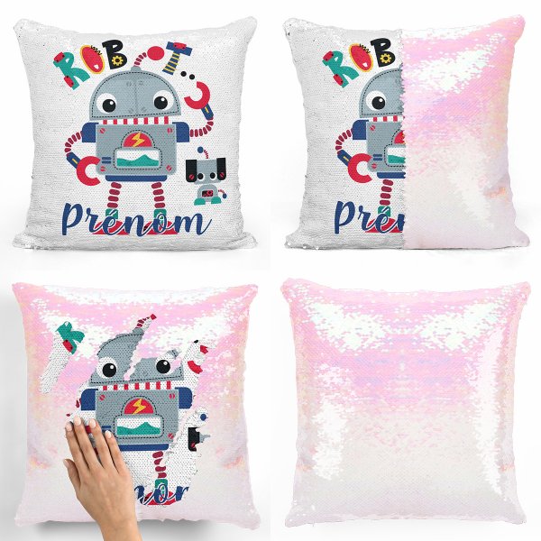 coussin pillow mermaid à sequin magique enfant reversible et personnalisable avec motif robot de couleur blanc nacré