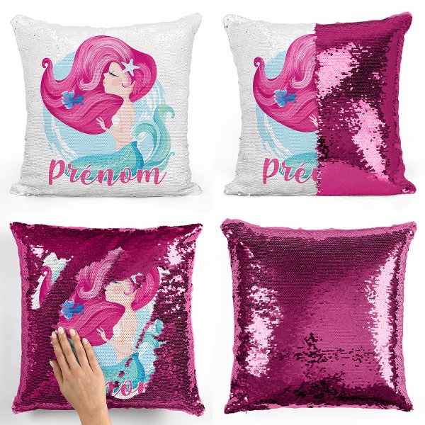 coussin pillow mermaid à sequin magique enfant reversible et personnalisable avec motif sirène de couleur fushia