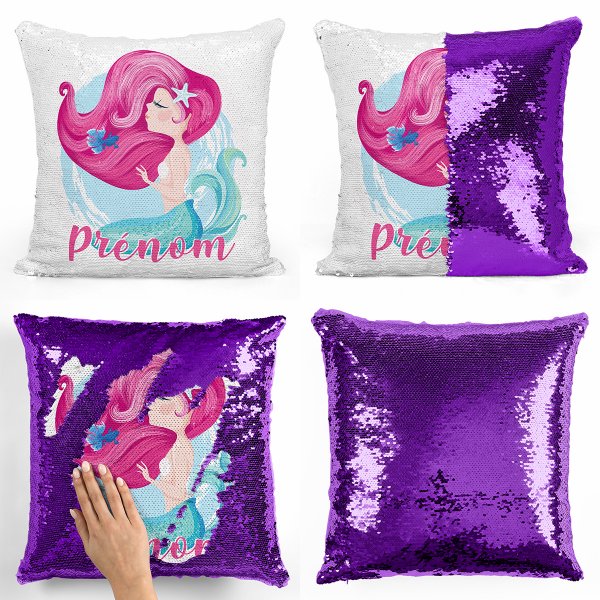 coussin pillow mermaid à sequin magique enfant reversible et personnalisable avec motif sirène de couleur violet