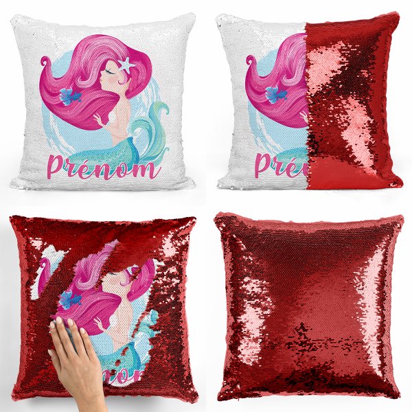 coussin pillow mermaid à sequin magique enfant reversible et personnalisable avec motif sirène de couleur rouge