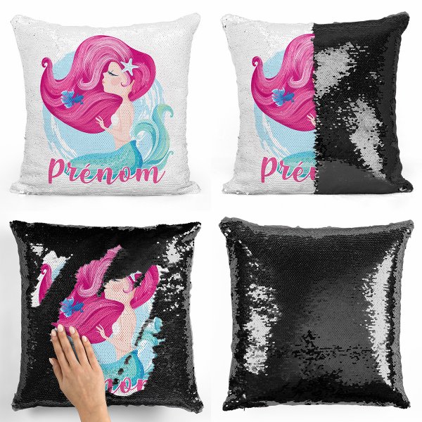 coussin pillow mermaid à sequin magique enfant reversible et personnalisable avec motif sirène de couleur noir