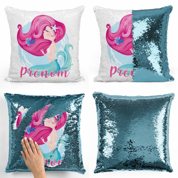 coussin pillow mermaid à sequin magique enfant reversible et personnalisable avec motif sirène de couleur bleu clair