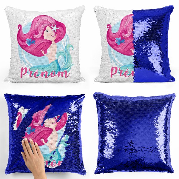 coussin pillow mermaid à sequin magique enfant reversible et personnalisable avec motif sirène de couleur bleu foncé