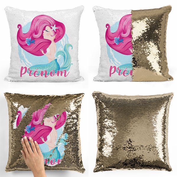 coussin pillow mermaid à sequin magique enfant reversible et personnalisable avec motif sirène de couleur or doré