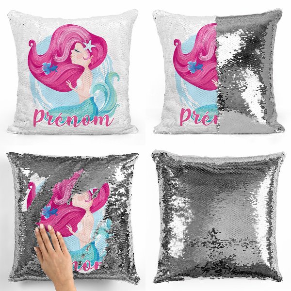 coussin pillow mermaid à sequin magique enfant reversible et personnalisable avec motif sirène de couleur argent