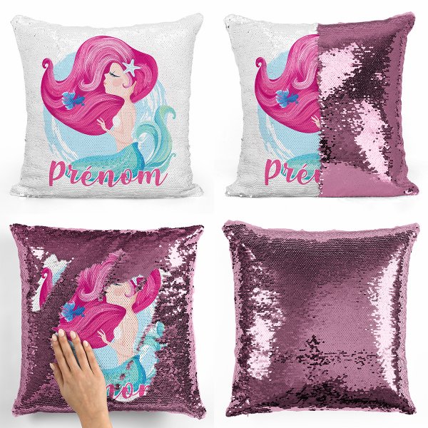 coussin pillow mermaid à sequin magique enfant reversible et personnalisable avec motif sirène de couleur rose clair