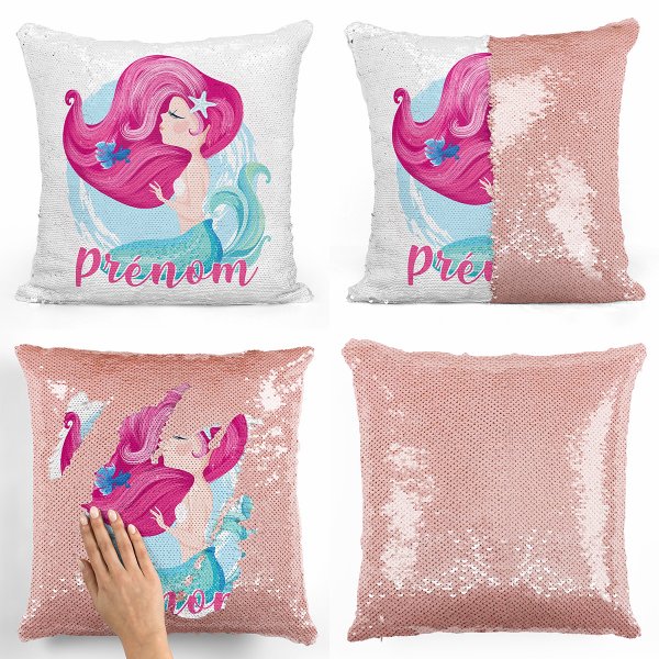 coussin pillow mermaid à sequin magique enfant reversible et personnalisable avec motif sirène de couleur saumon