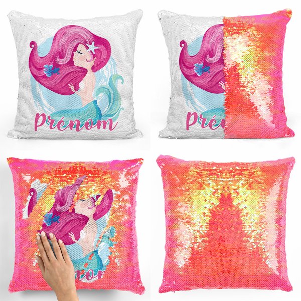 coussin pillow mermaid à sequin magique enfant reversible et personnalisable avec motif sirène de couleur orange nacré